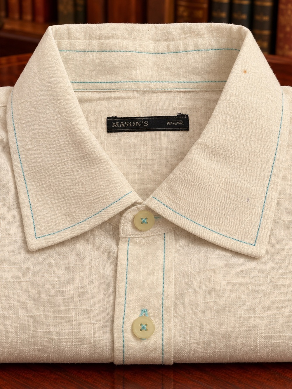 Mason White Linen Shirt with Teal Contrast Stitching